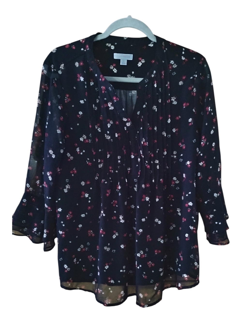 Charter Club Floral Pintuck V-Neck Blouse Black Pink White Lined Sheer Overlay